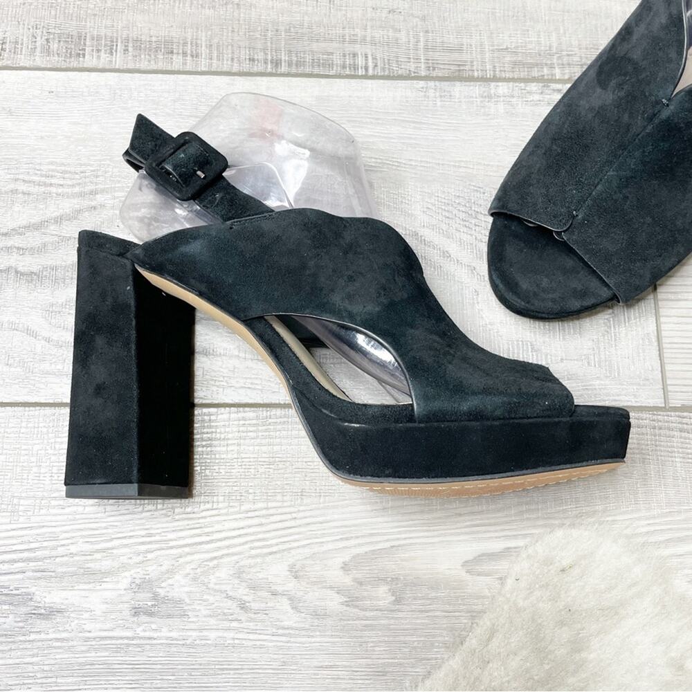 Vince Camuto Jeangel Suede Peep Toe Chunky Heels Black Size 9.5M